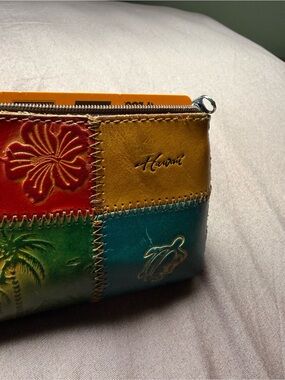 Aloha Hawaii Leather Patchwork Coin Purse Pouch in Teal, Mustard & Red